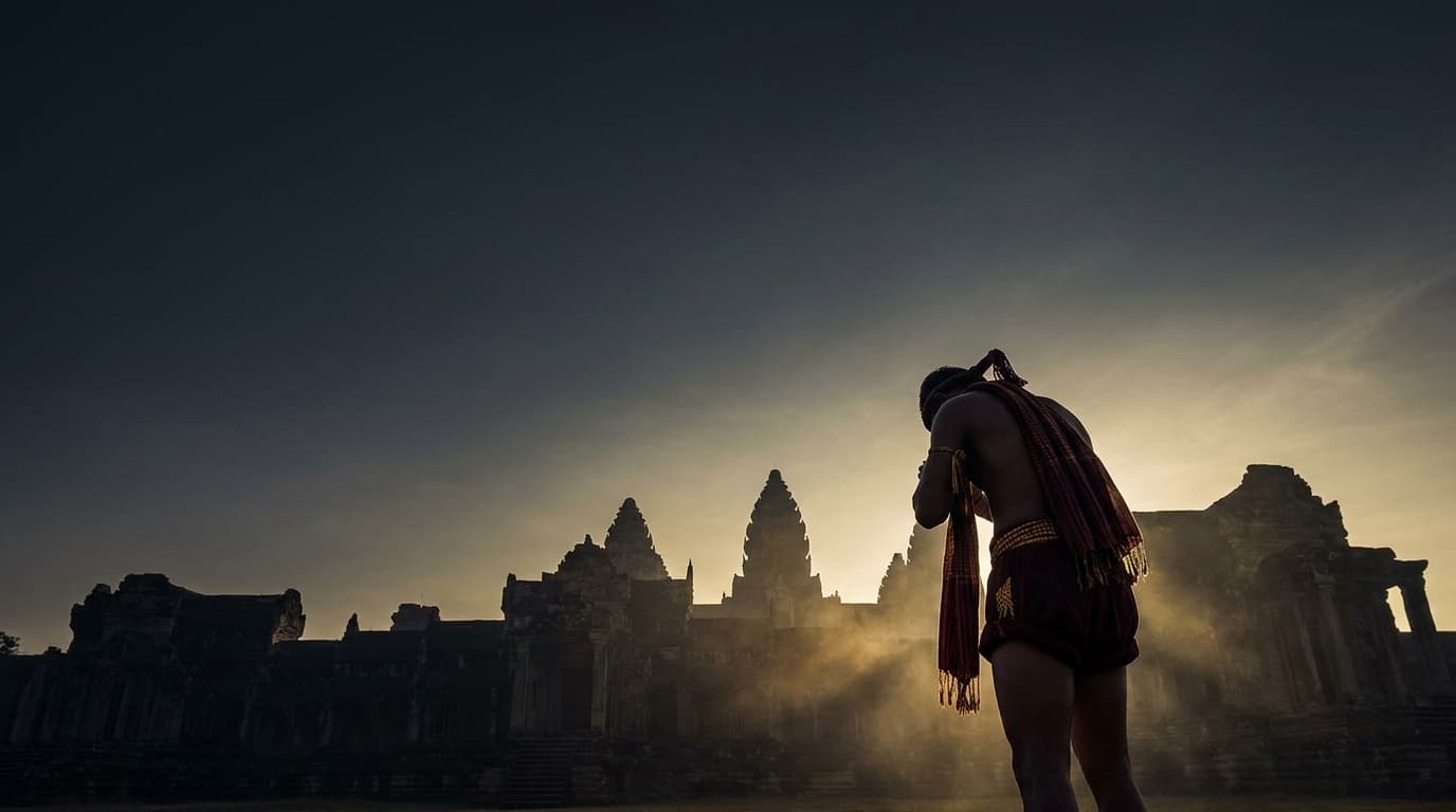 A Kun Khmer fighter salutes at dawn before the towers of Angkor Wat